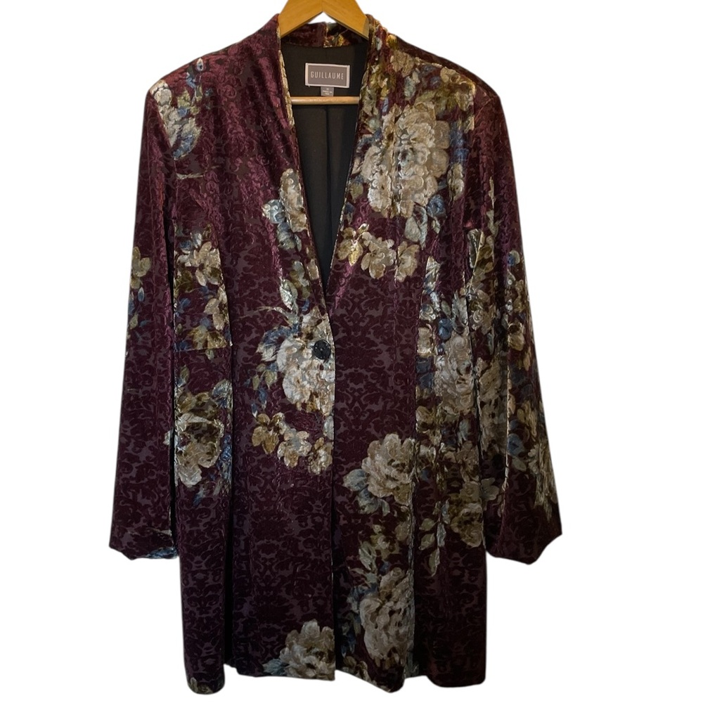 GUILLAUME Purple/Beige Floral Print Velvet Burnout Blazer Jacket - Size 1X
